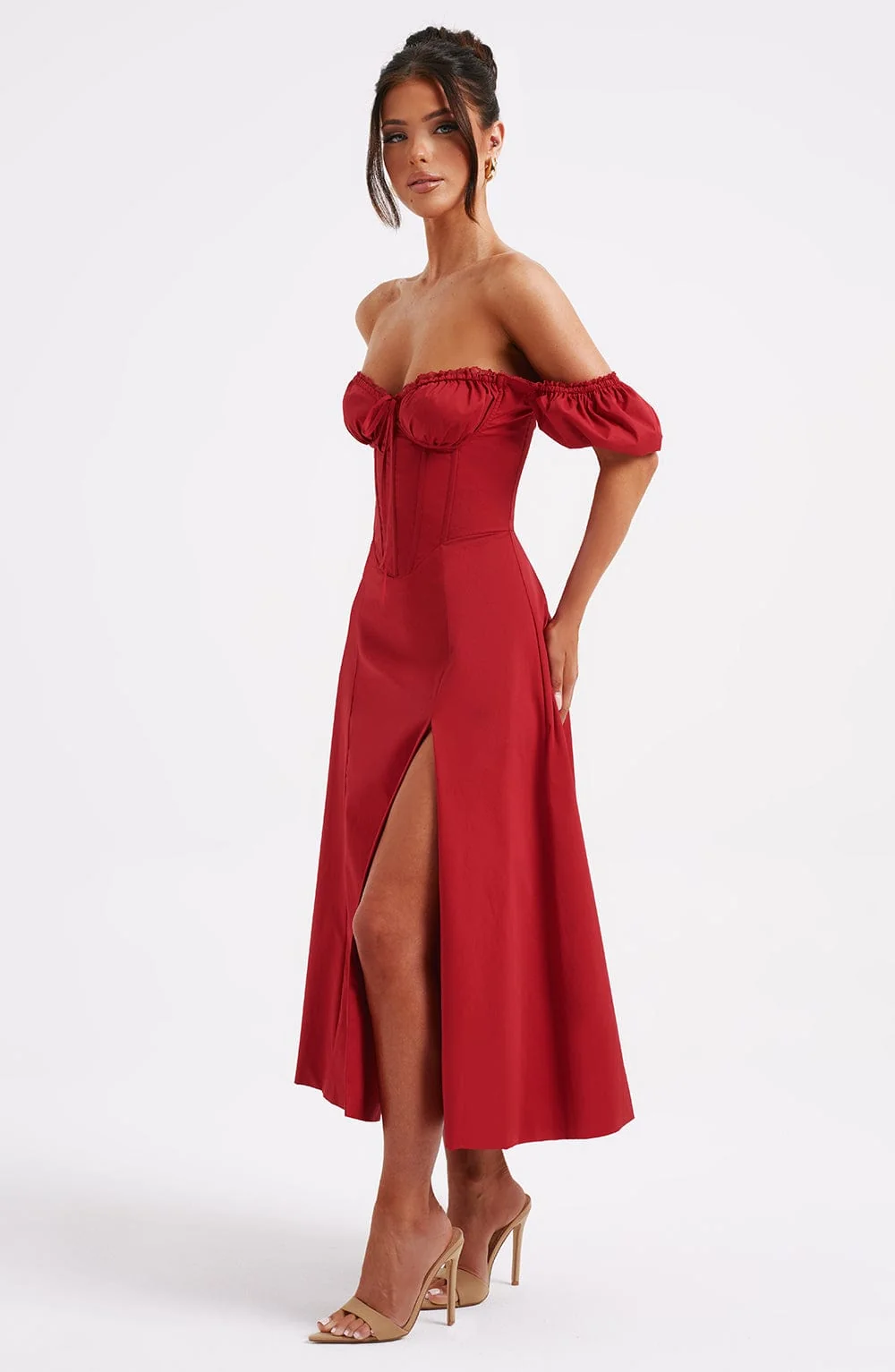Red Cotton Puffed Sleeve Midi Dress with Thigh High Split