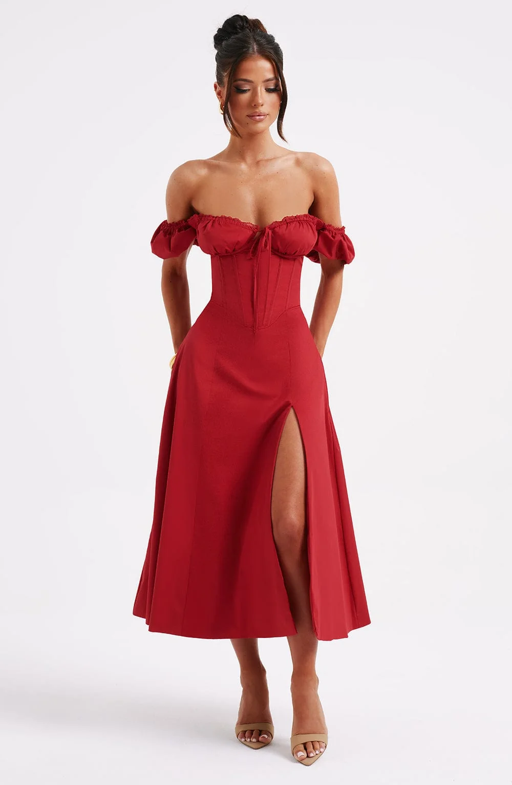 Red Cotton Puffed Sleeve Midi Dress with Thigh High Split
