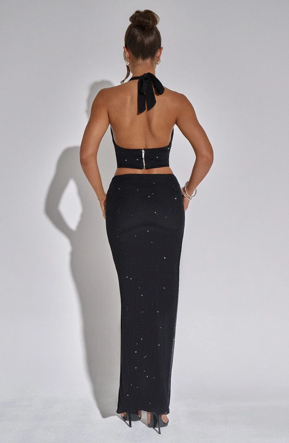 Black Rhinestone Stretch Mesh Maxi Skirt - High-Waisted Thigh-Split Design