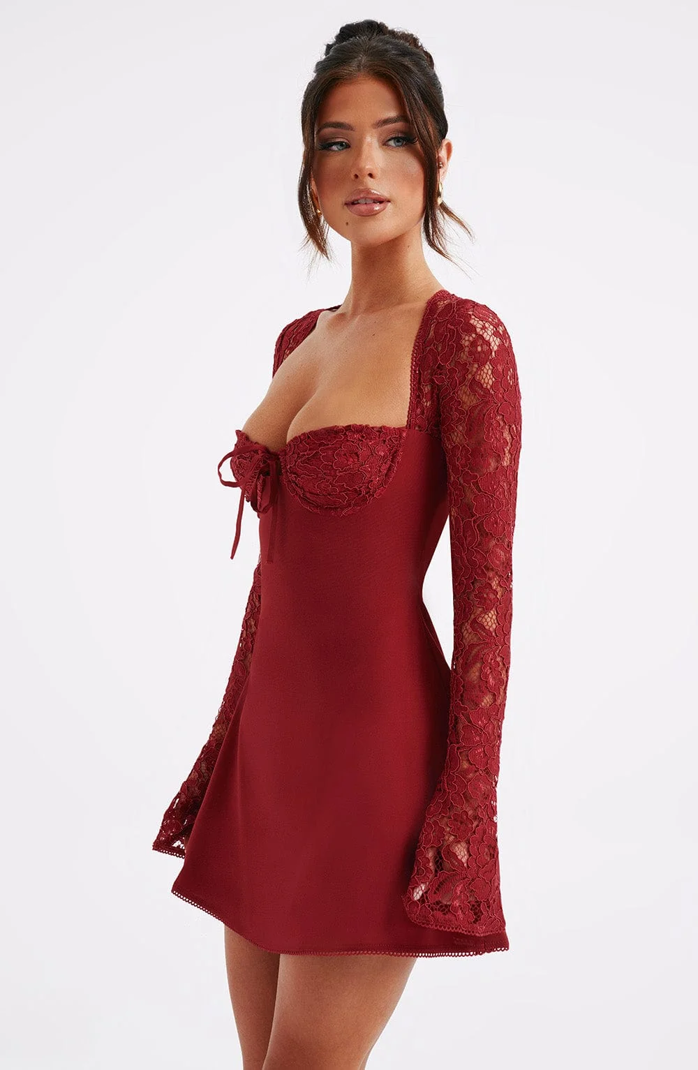 Red Lace Mini Dress with Flared Sleeves - Stylish & Elegant