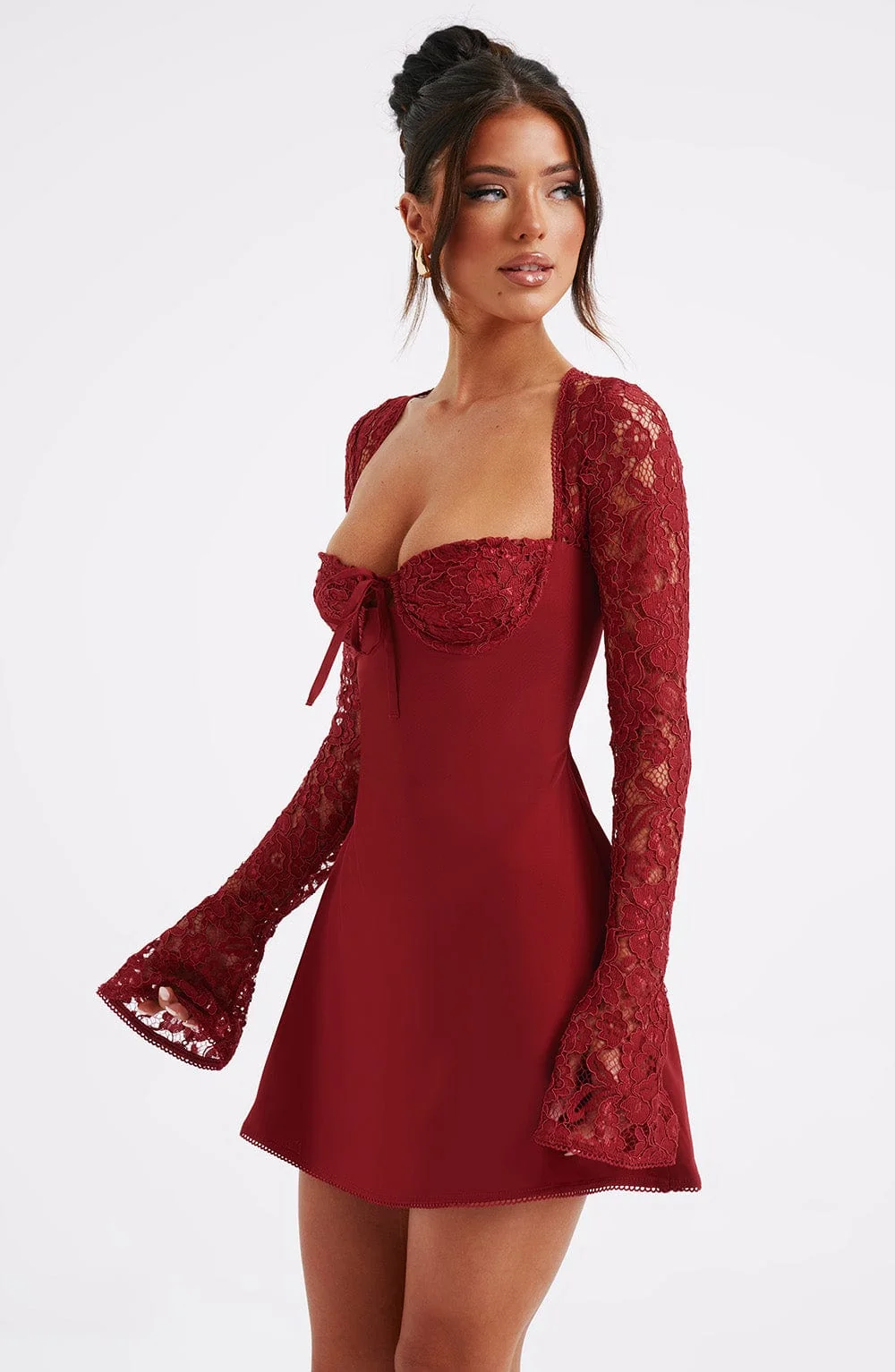 Red Lace Mini Dress with Flared Sleeves - Stylish & Elegant