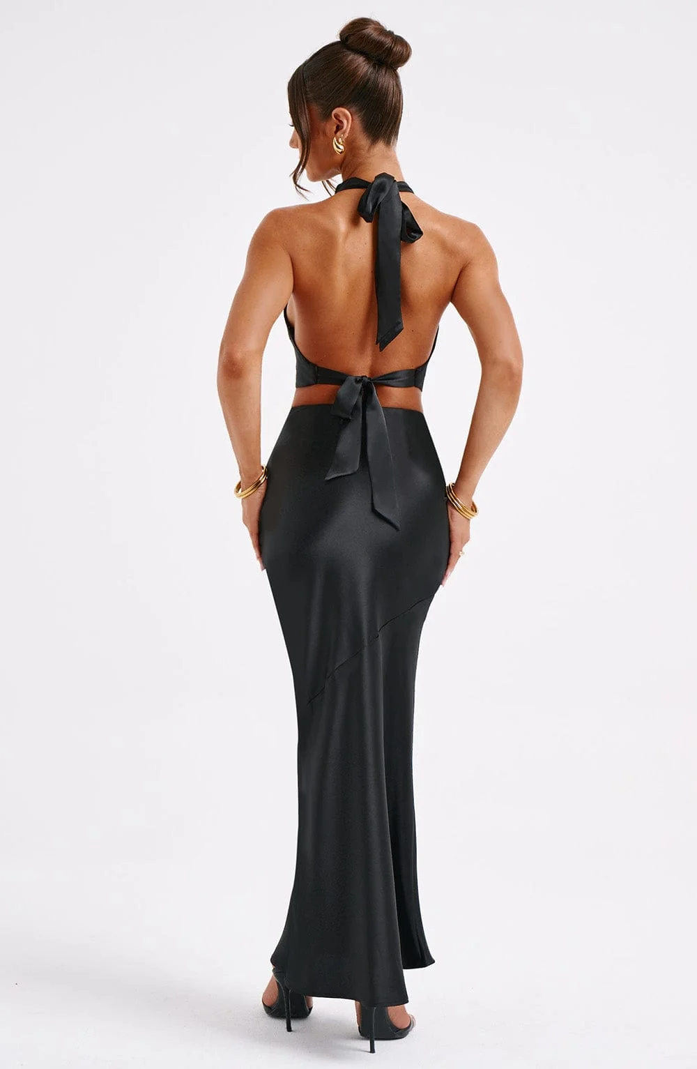 Black Bias Cut Satin Maxi Skirt for Women