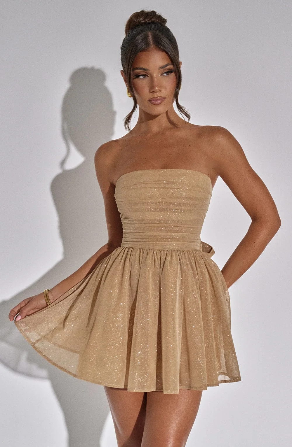 Gold Sparkle Corset Mini Dress with Oversized Bow Detail
