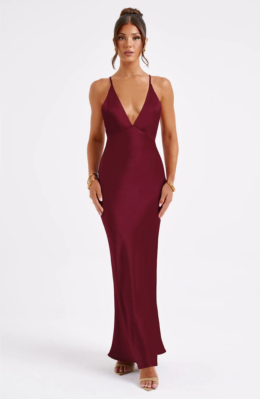 Burgundy Satin Bias Cut Maxi Dress - Elegant V-Neckline