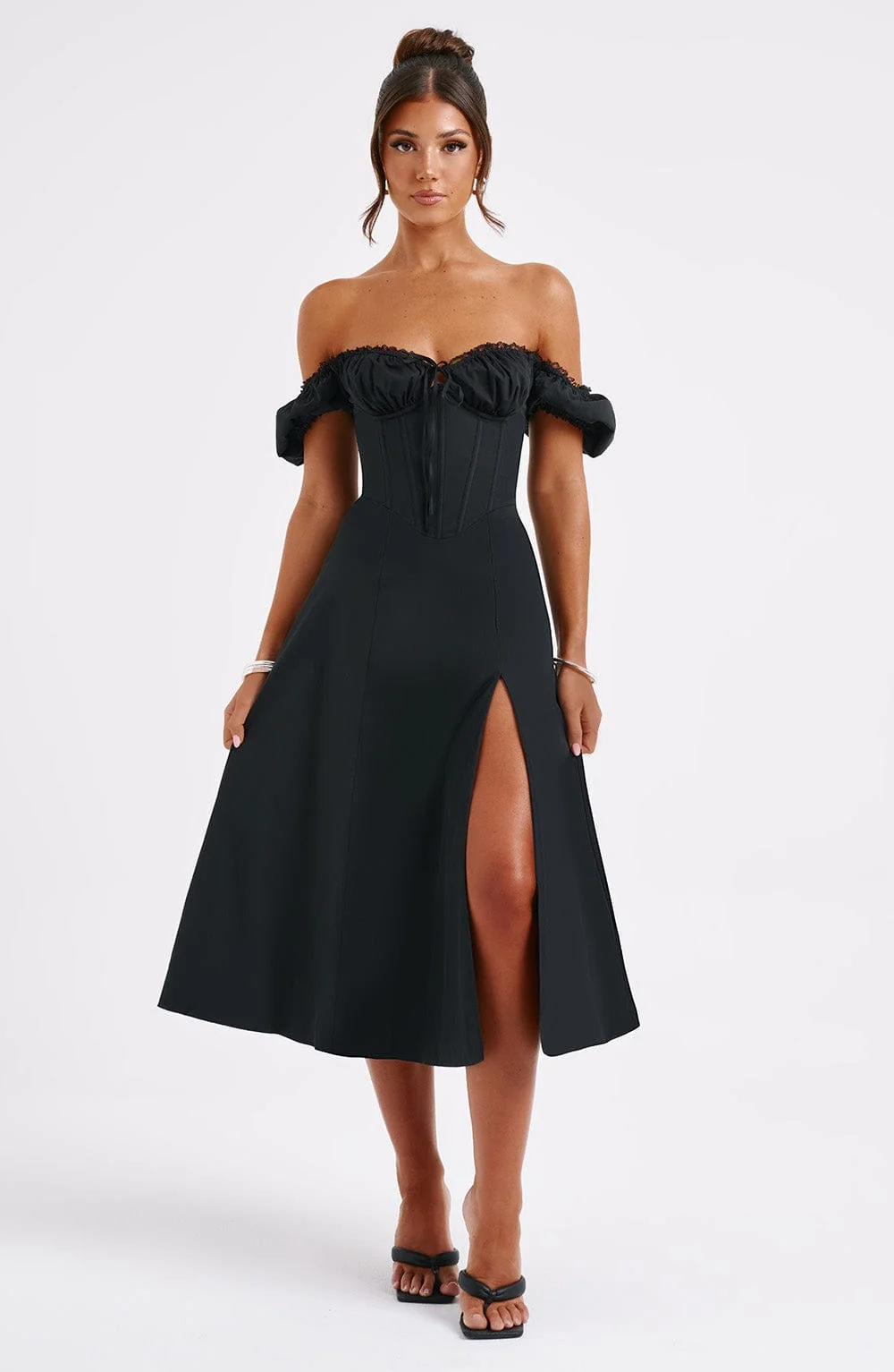Black Cotton Courtney Midi Dress with Puffed Sleeves