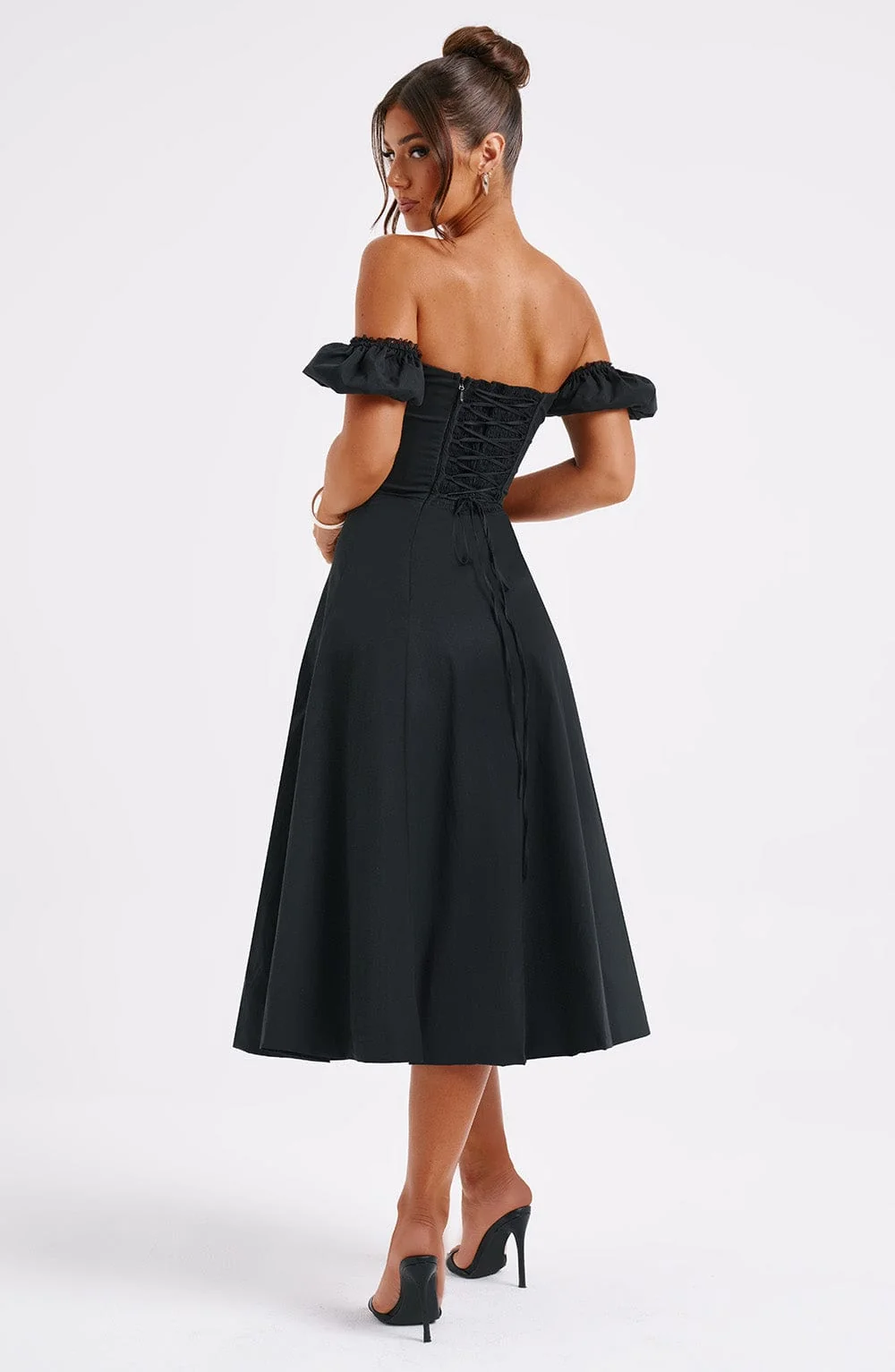 Black Cotton Courtney Midi Dress with Puffed Sleeves