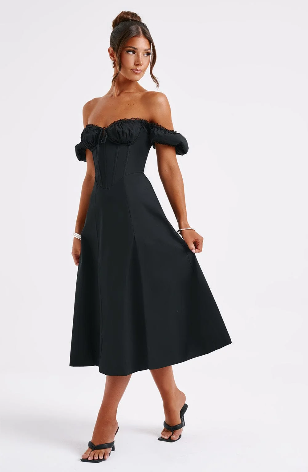 Black Cotton Courtney Midi Dress with Puffed Sleeves