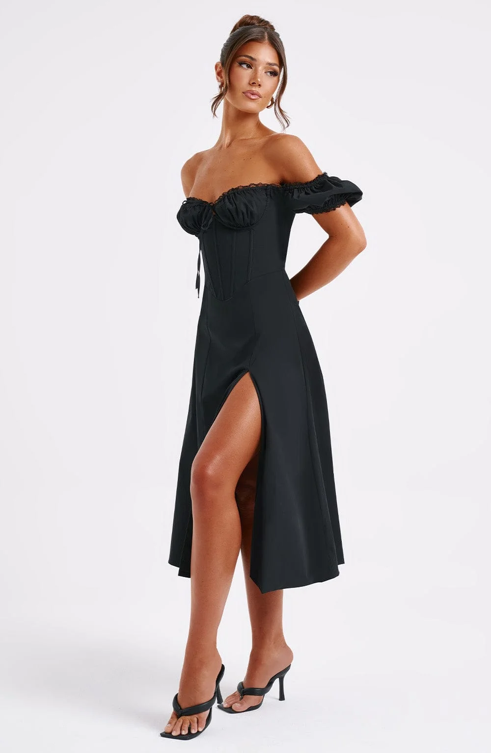Black Cotton Courtney Midi Dress with Puffed Sleeves