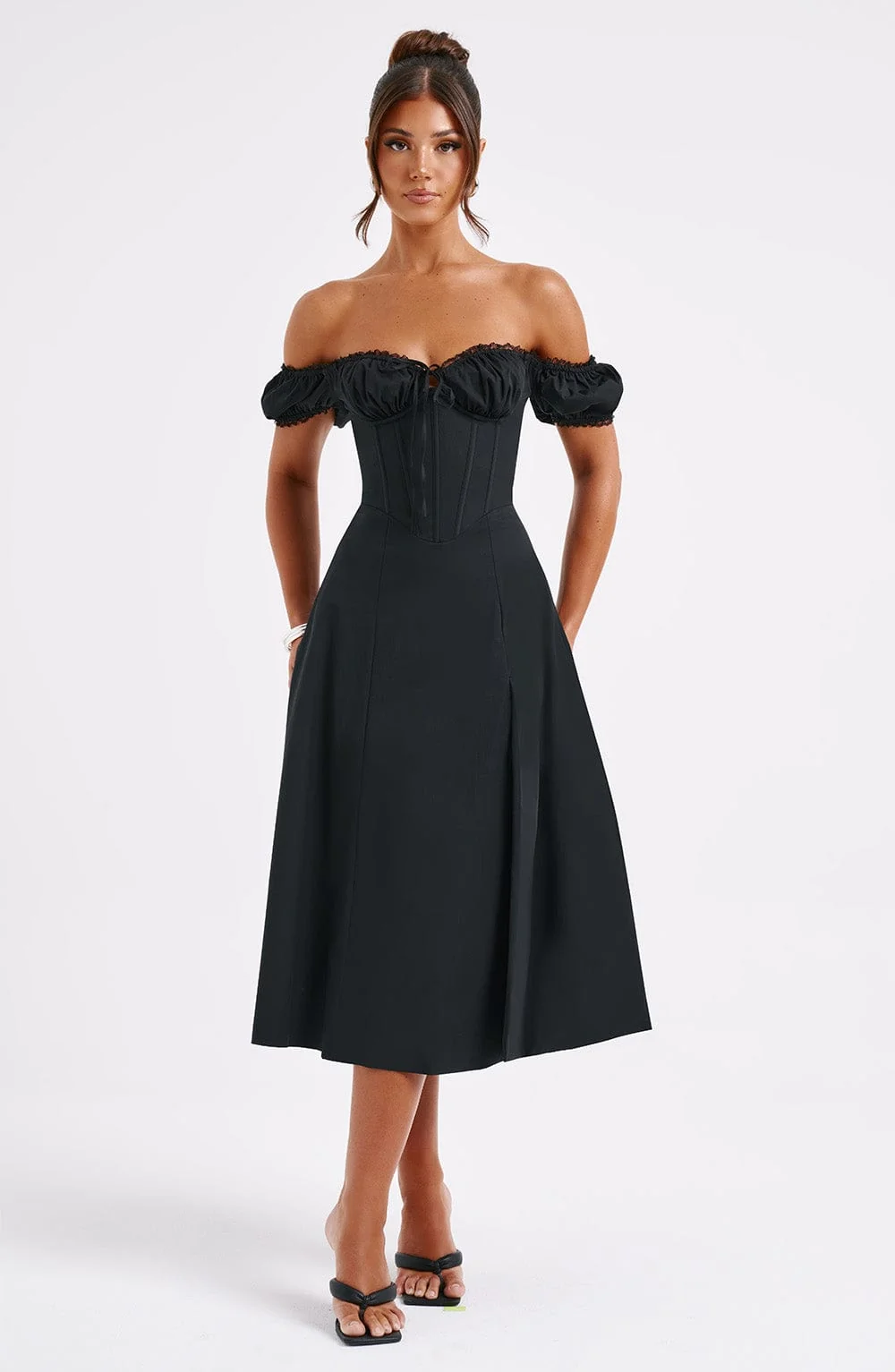 Black Cotton Courtney Midi Dress with Puffed Sleeves