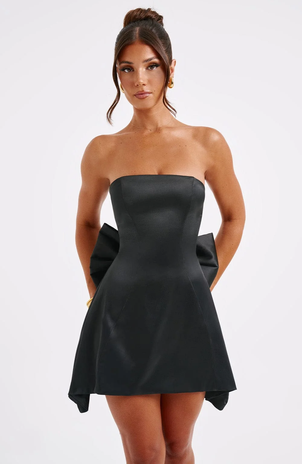 Black Strapless Satin Mini Dress with Corset Body