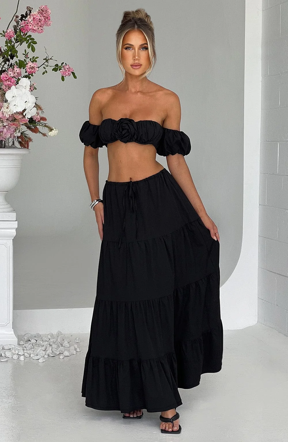 Black Cotton Tiered Maxi Skirt with Tie Detail