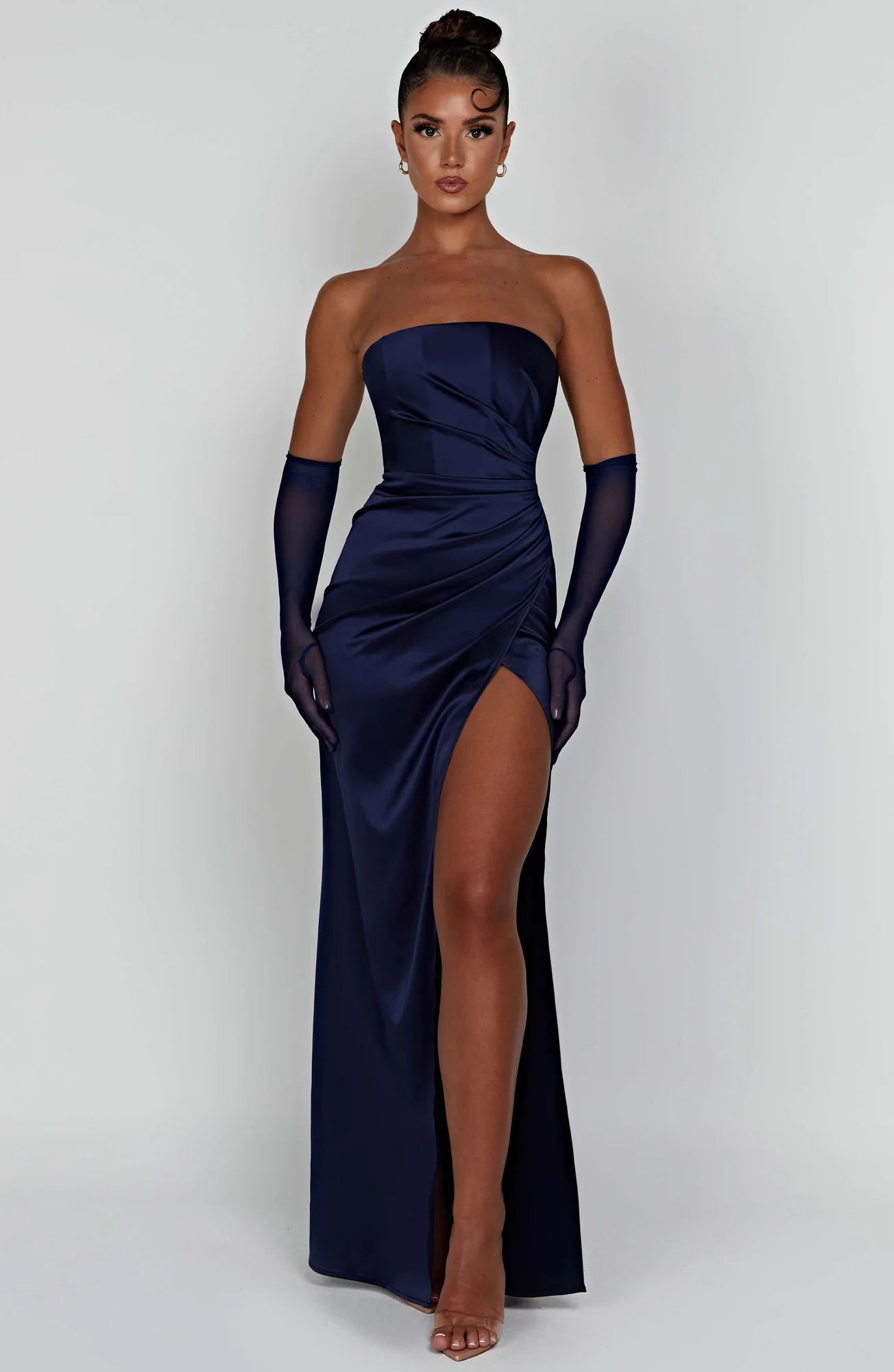 Navy Satin Strapless Maxi Gown with Hidden Corset