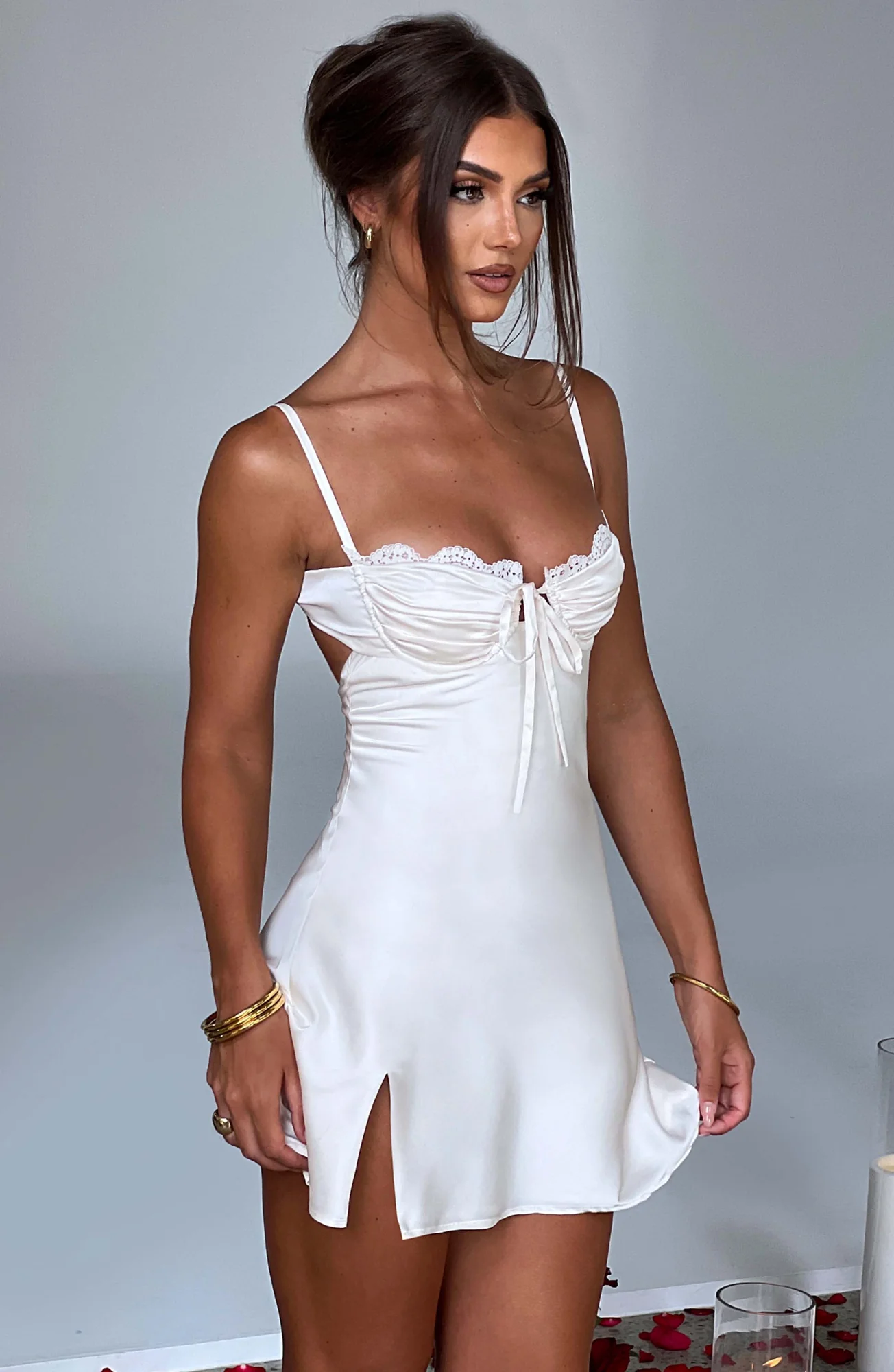 Ivory Stretch Satin Mini Dress with Underwired Cups
