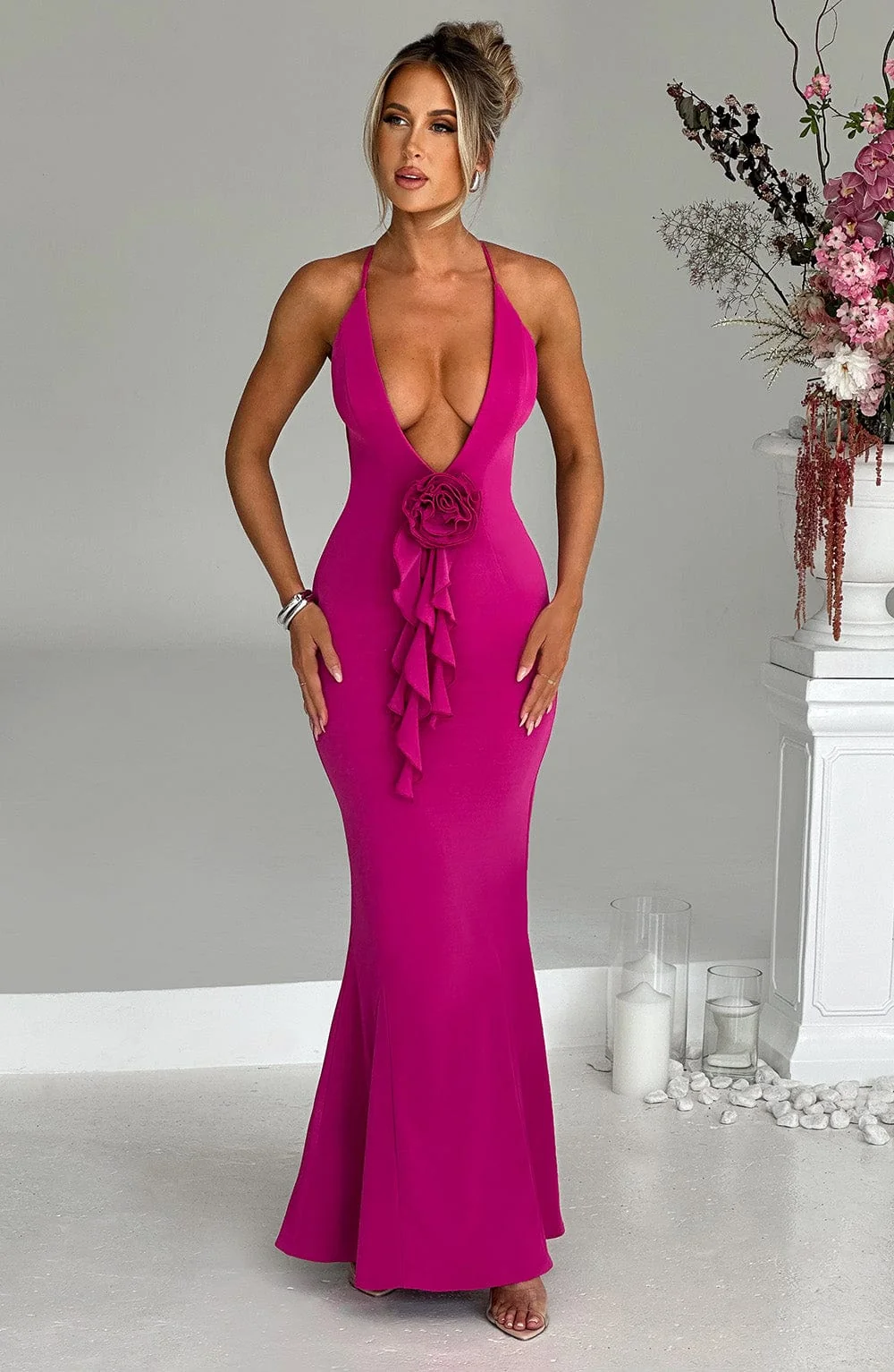 Hot Pink Double Stretch Maxi Dress with Plunge Design