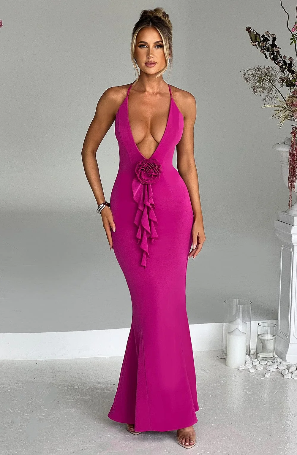 Hot Pink Double Stretch Maxi Dress with Plunge Design