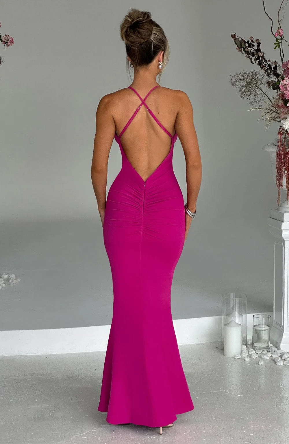 Hot Pink Double Stretch Maxi Dress with Plunge Design