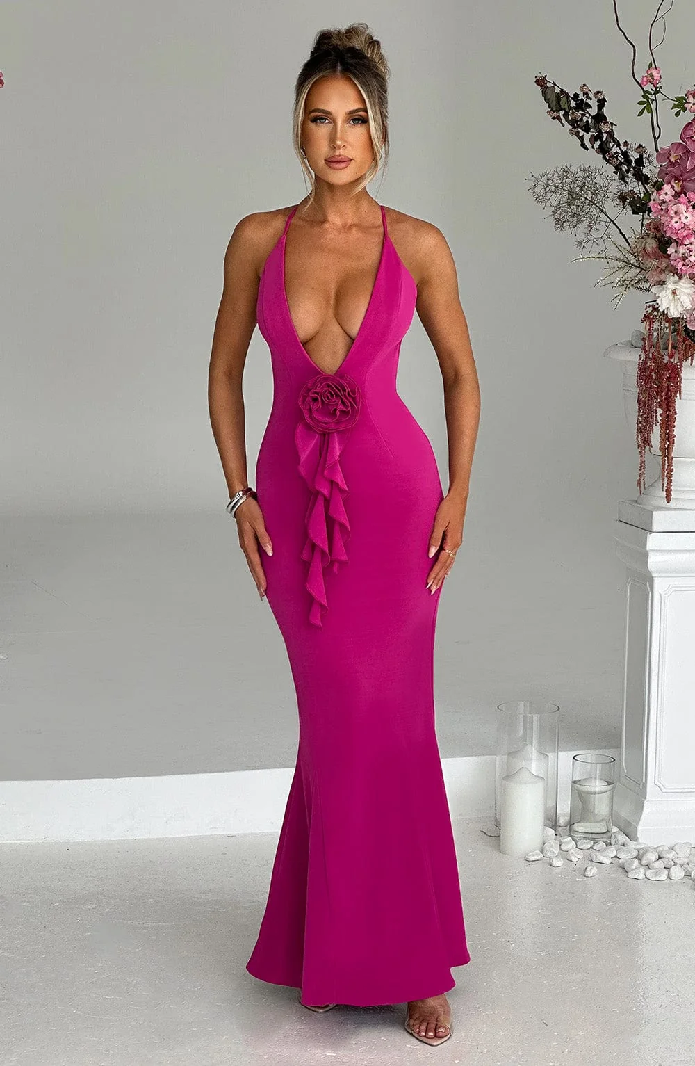 Hot Pink Double Stretch Maxi Dress with Plunge Design