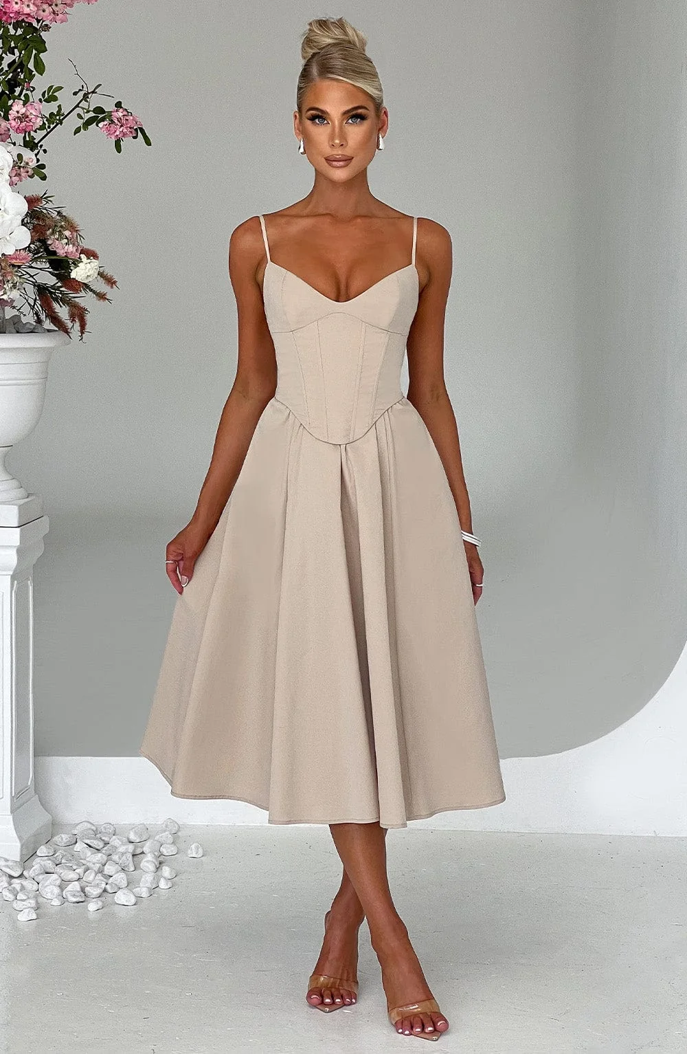 Beige Corseted Midi Dress | Chic Party Icon