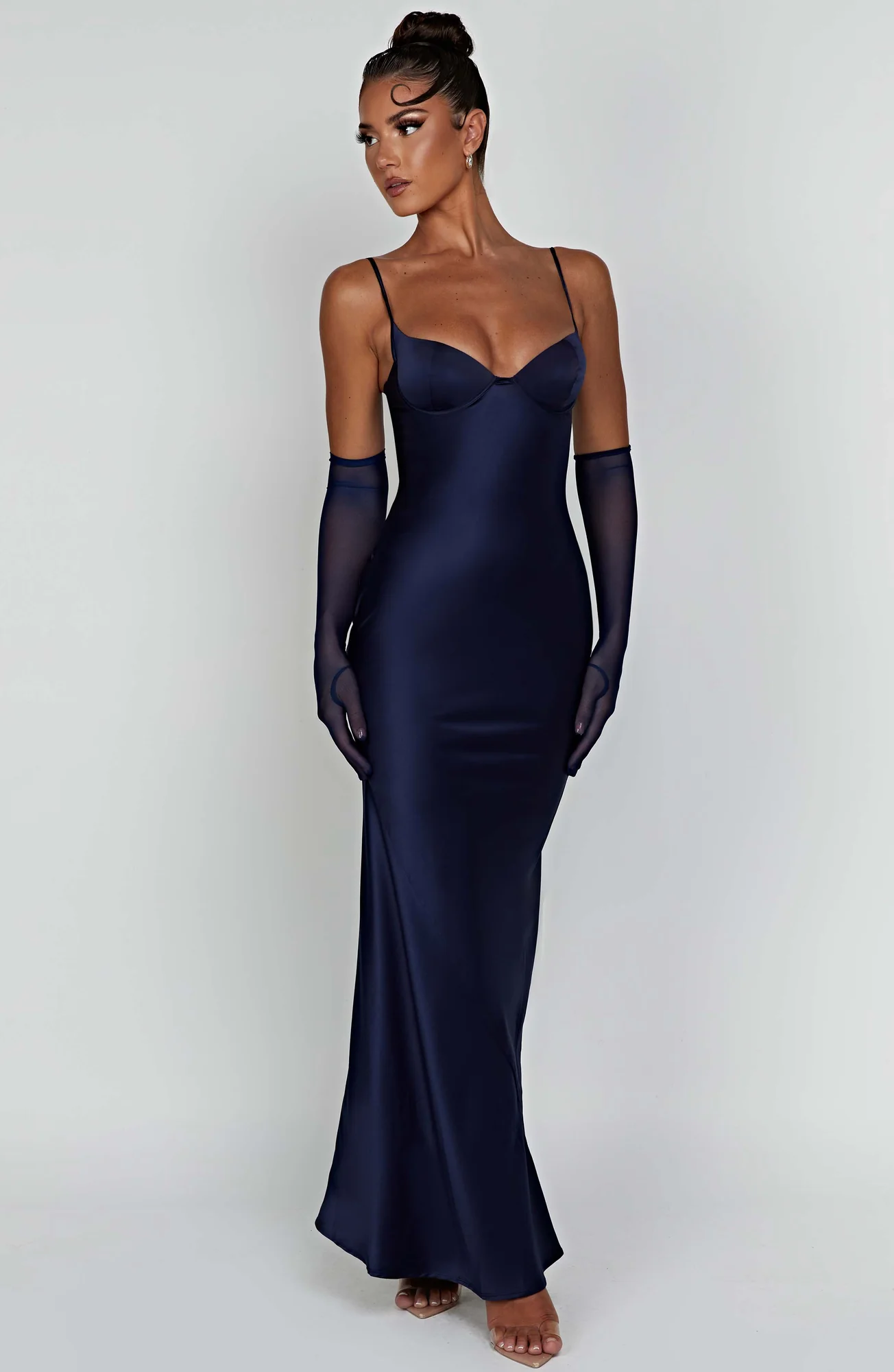 Navy Bias Cut Satin Maxi Dress