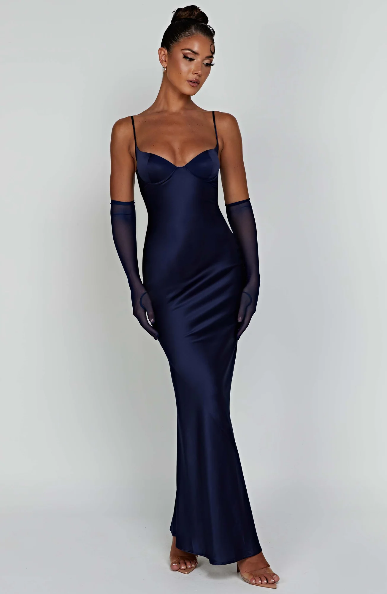Navy Bias Cut Satin Maxi Dress