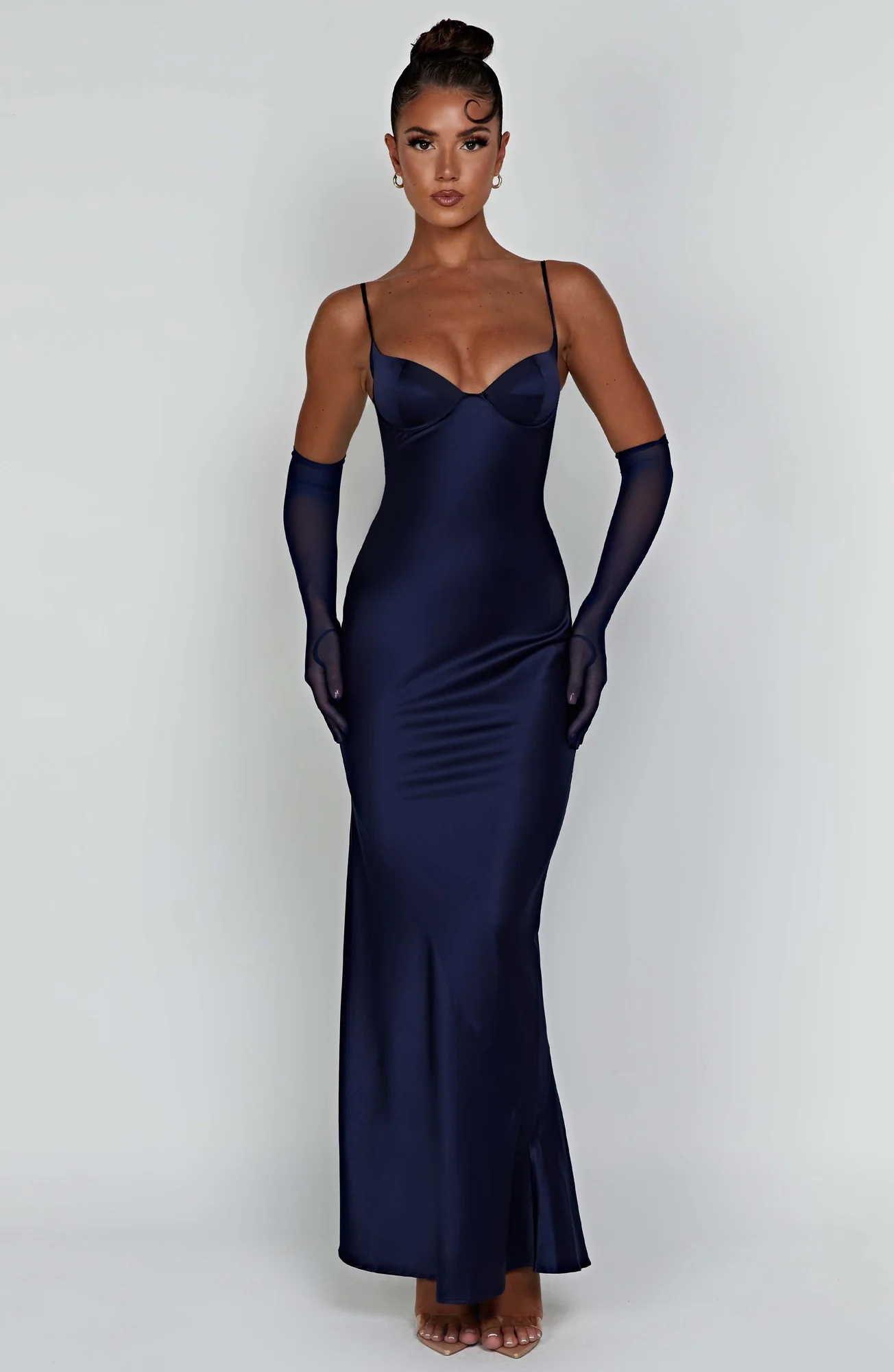 Navy Bias Cut Satin Maxi Dress