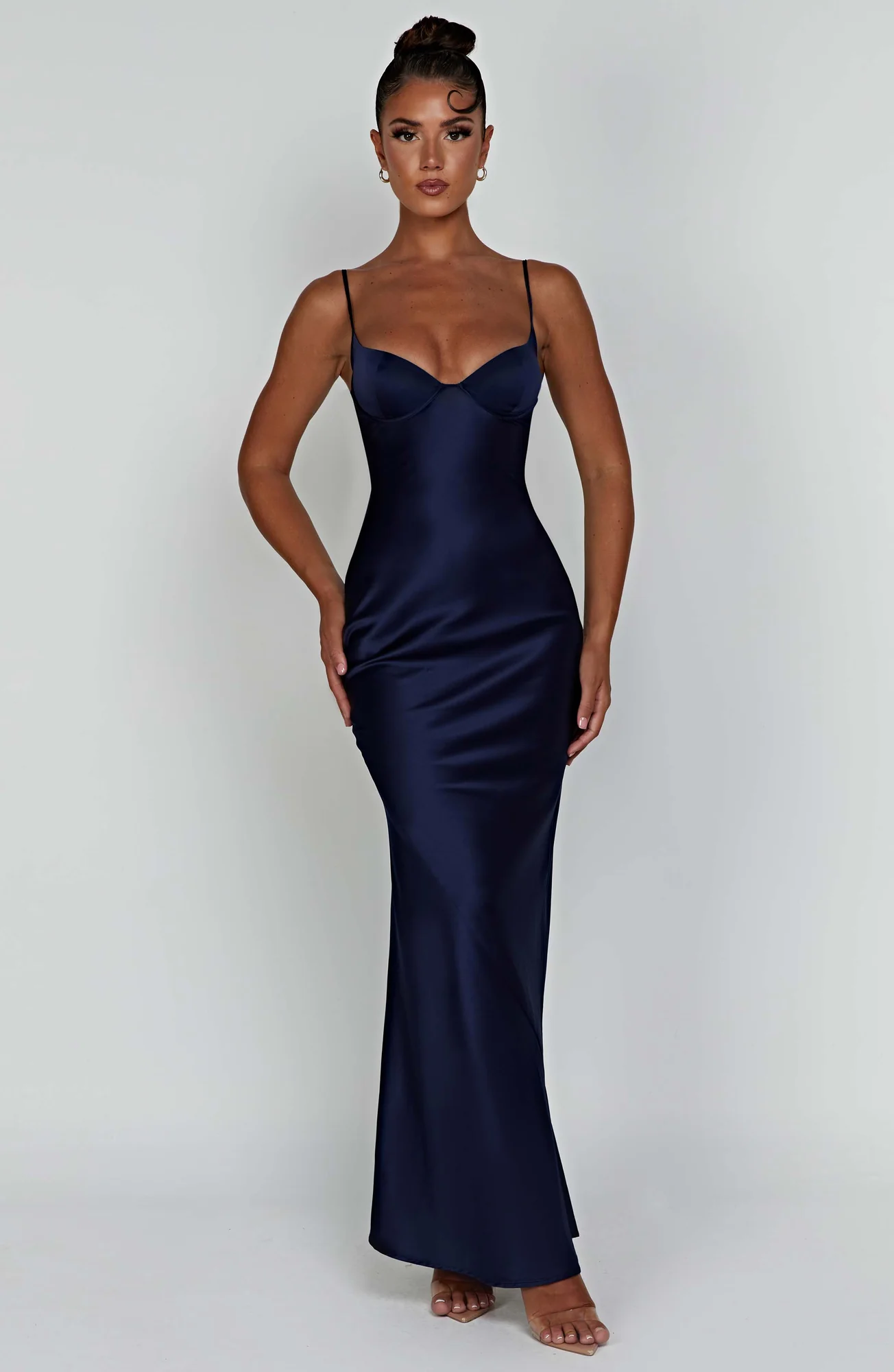 Navy Bias Cut Satin Maxi Dress