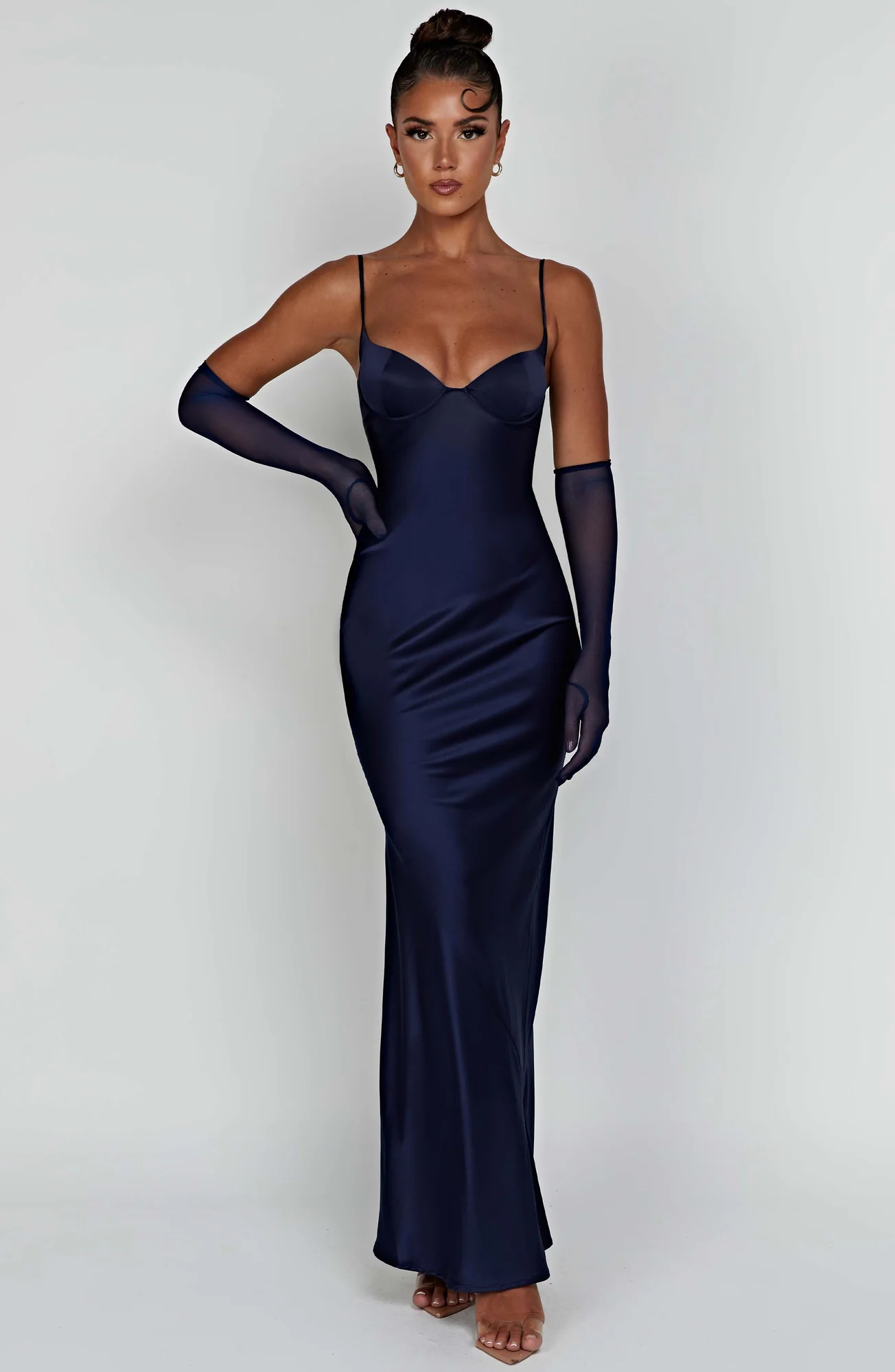 Navy Bias Cut Satin Maxi Dress