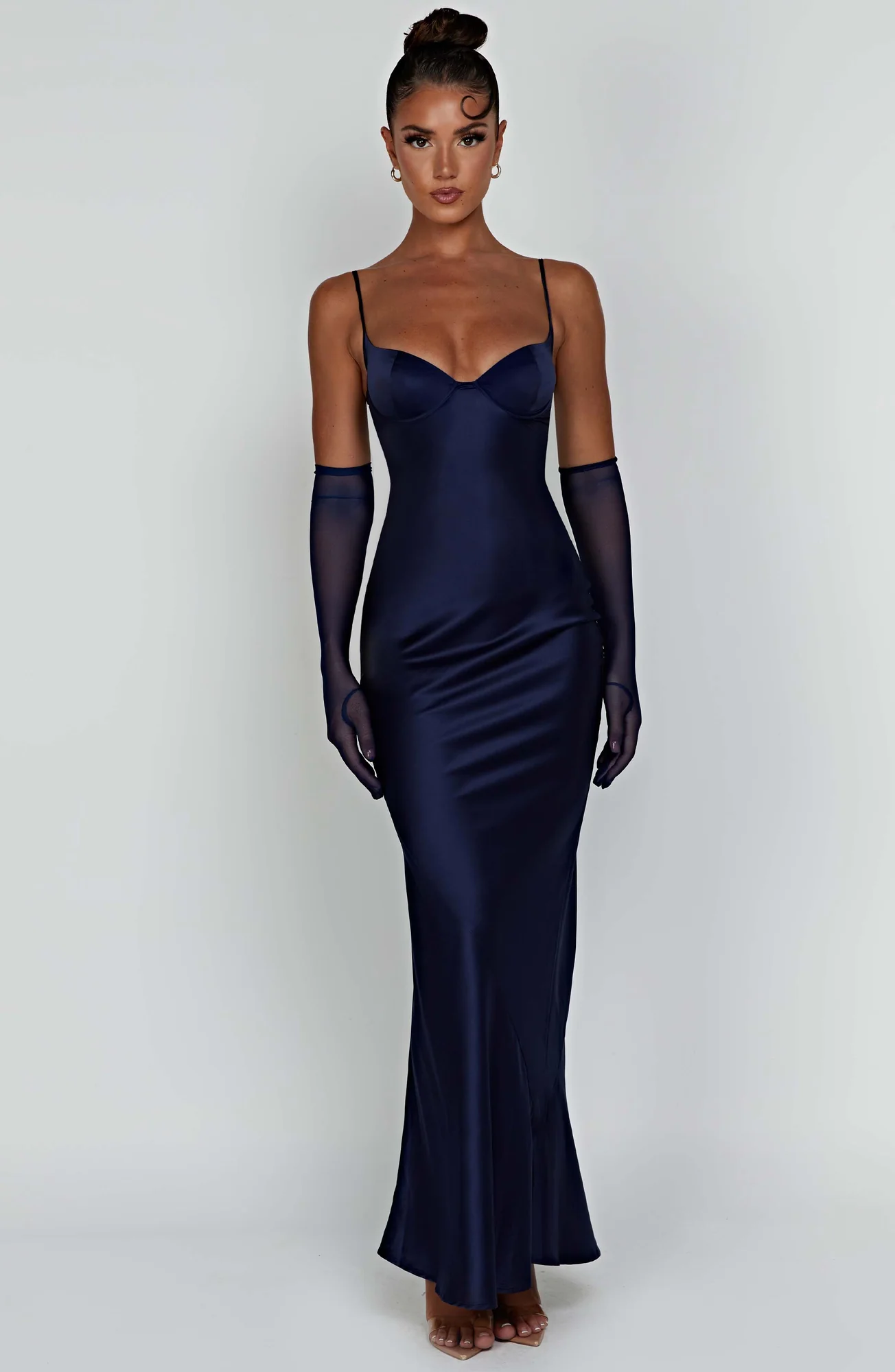 Navy Bias Cut Satin Maxi Dress