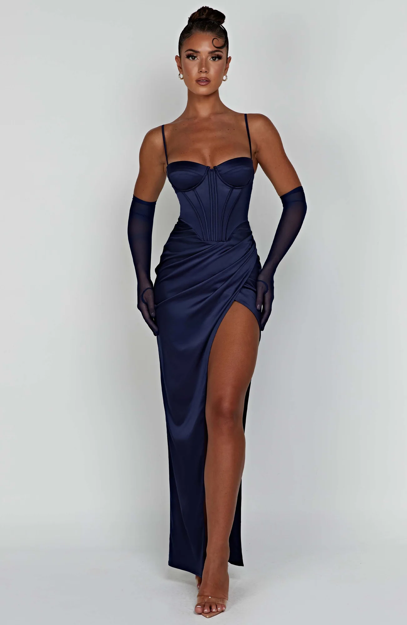 Navy Strapless Maxi Dress with Corset Waist Detail