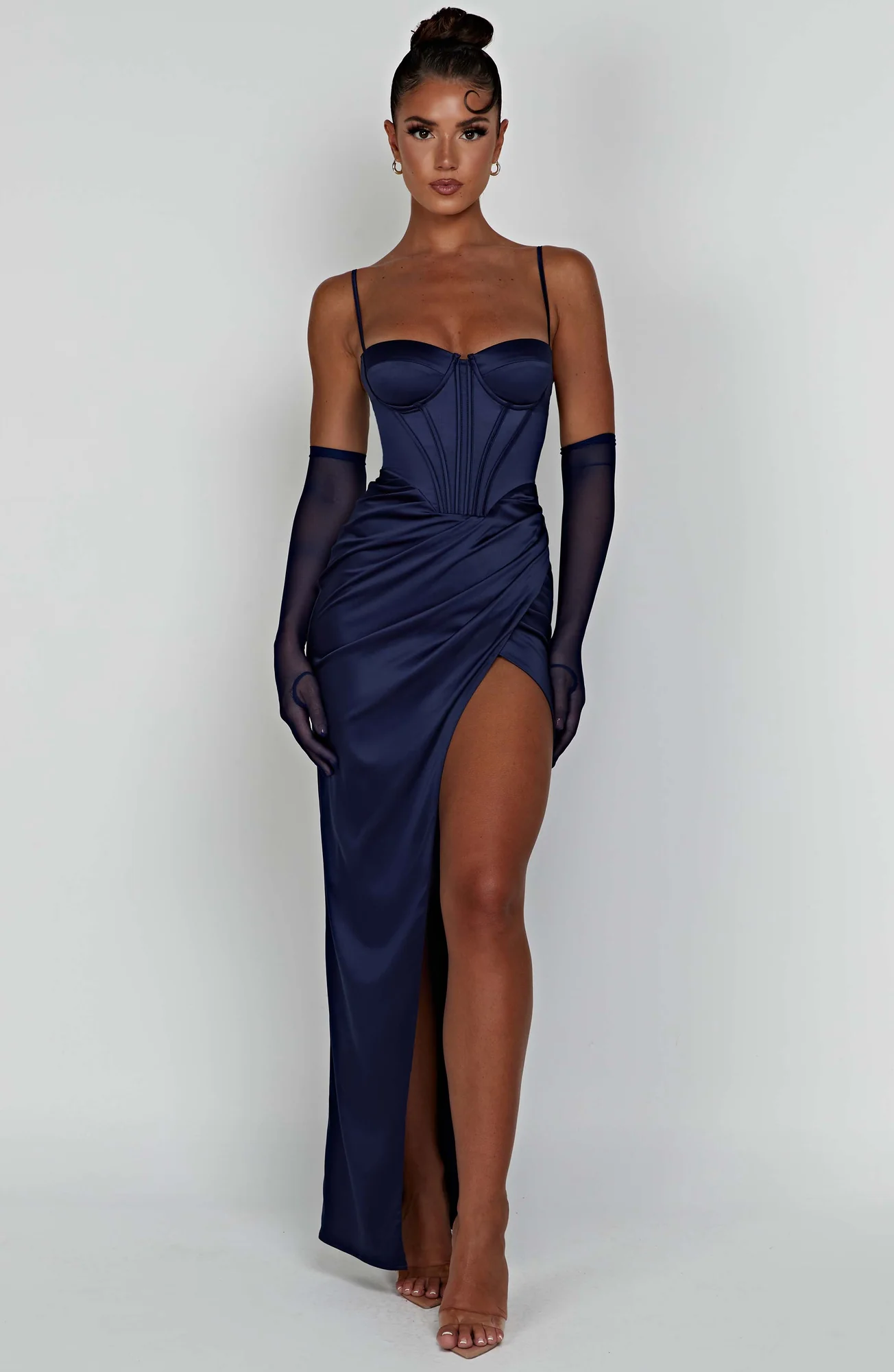 Navy Strapless Maxi Dress with Corset Waist Detail