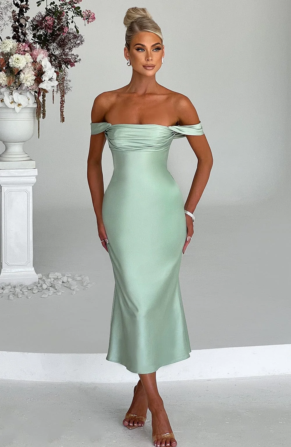 Mint Ruched Silky Midi Dress - Elegant Off-Shoulder Party Attire