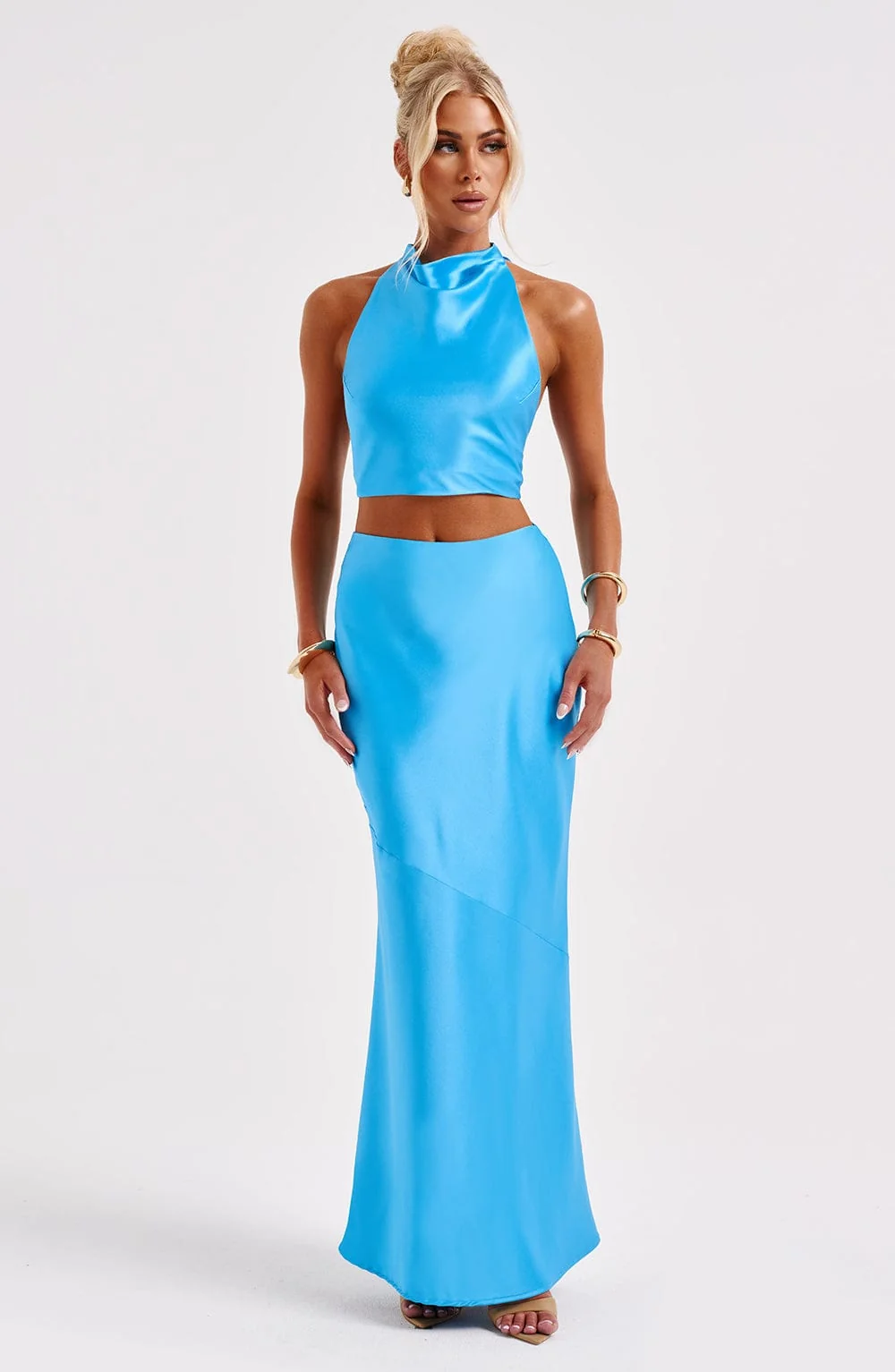Blue Satin Bias Cut Maxi Skirt