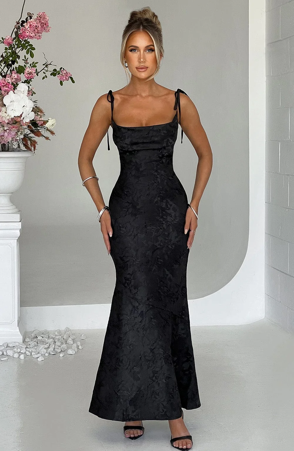 Black Floral Jacquard Maxi Dress - Elegant Romance