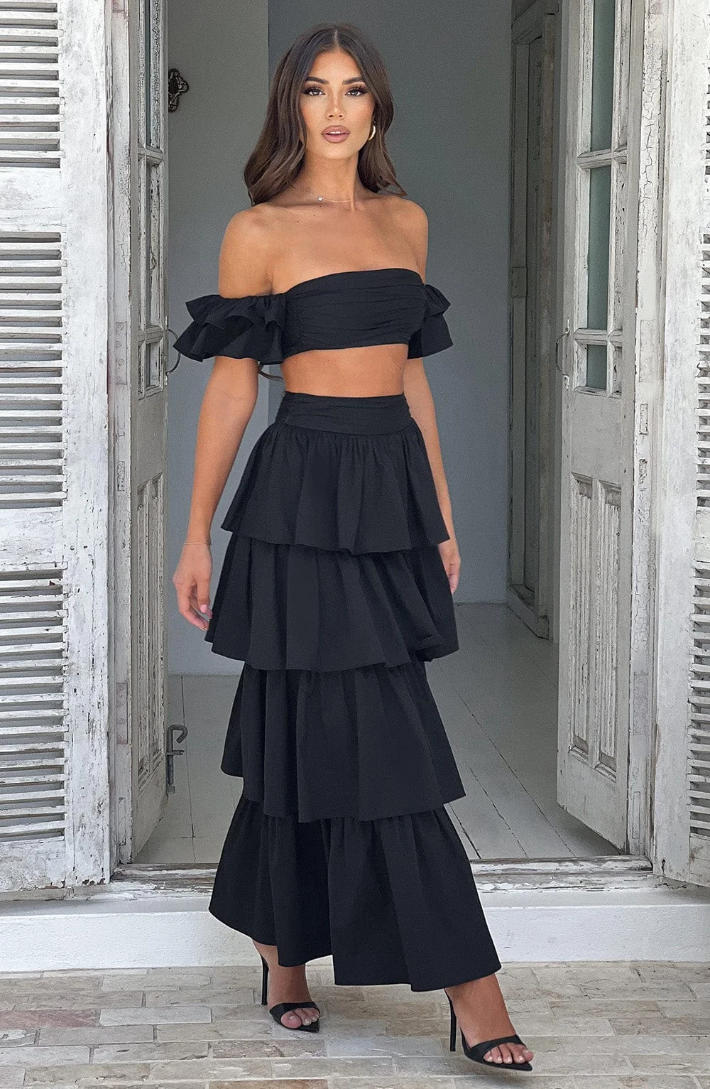 Black Ruffled Maxi Skirt in Premium Cotton