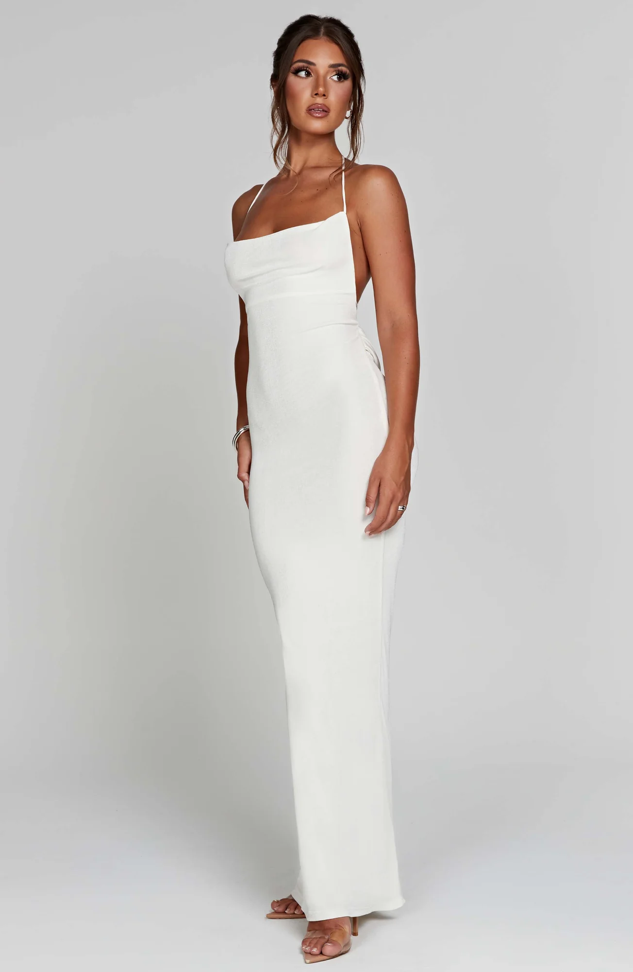 Ivory Textured Jersey Maxi Dress - Elegant Cowl Neck & Low Back