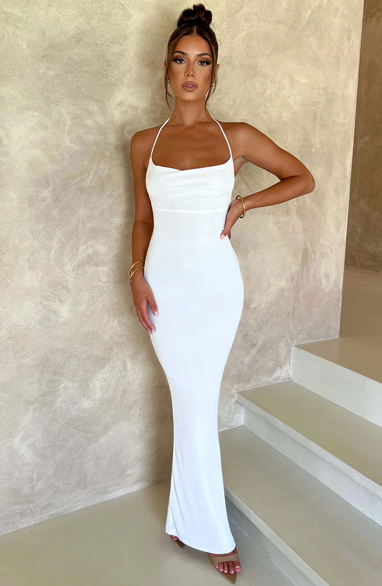 Ivory Textured Jersey Maxi Dress - Elegant Cowl Neck & Low Back