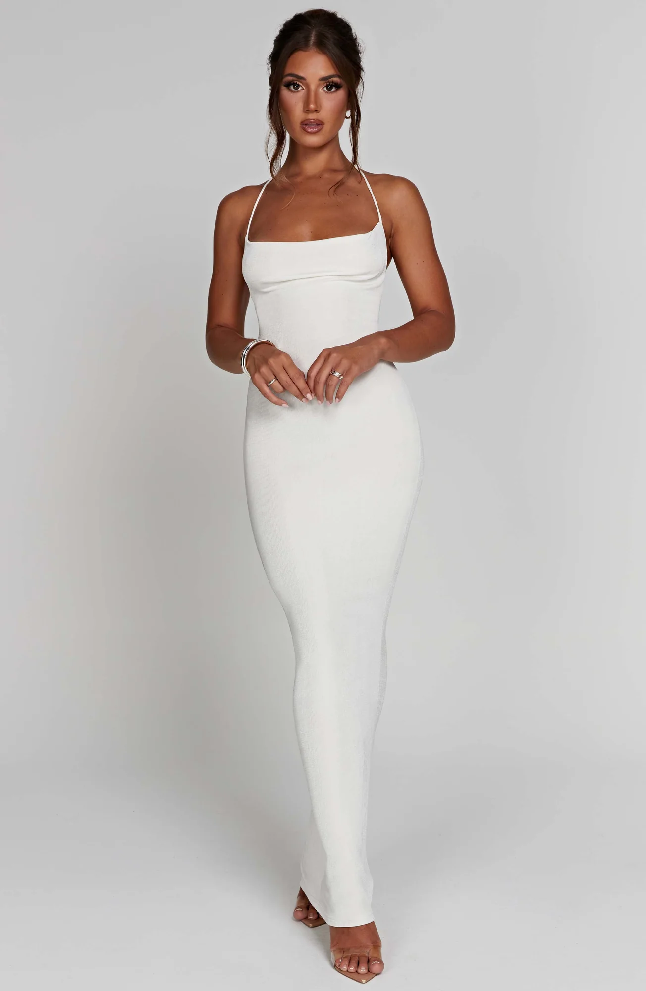 Ivory Textured Jersey Maxi Dress - Elegant Cowl Neck & Low Back