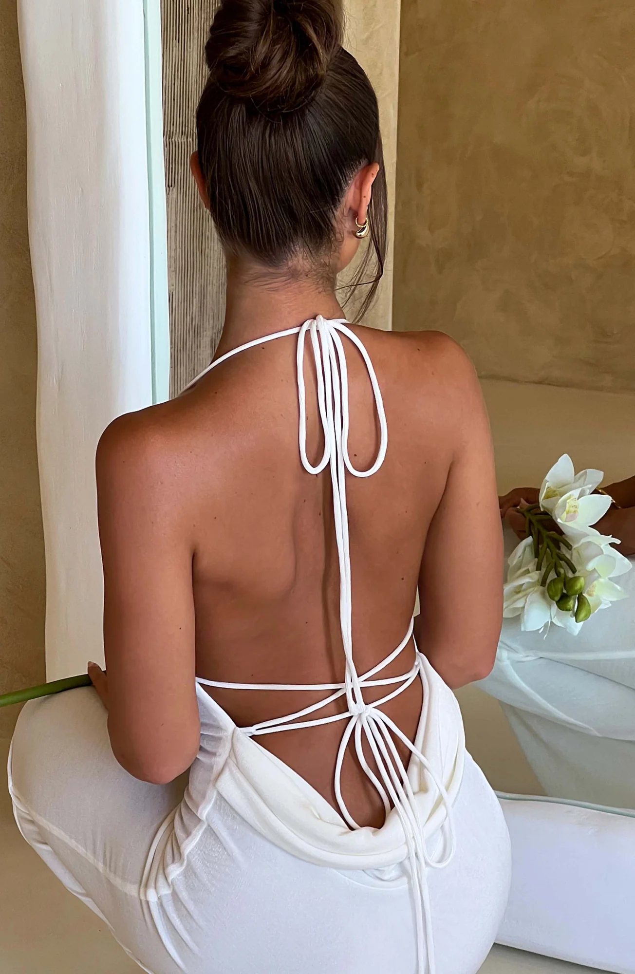 Ivory Textured Jersey Maxi Dress - Elegant Cowl Neck & Low Back