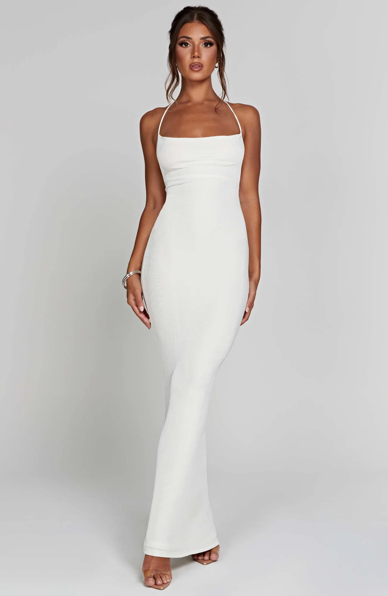 Ivory Textured Jersey Maxi Dress - Elegant Cowl Neck & Low Back