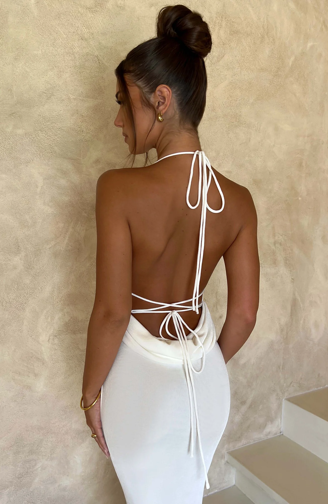 Ivory Textured Jersey Maxi Dress - Elegant Cowl Neck & Low Back