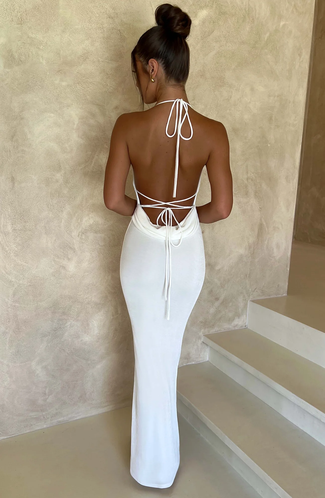 Ivory Textured Jersey Maxi Dress - Elegant Cowl Neck & Low Back