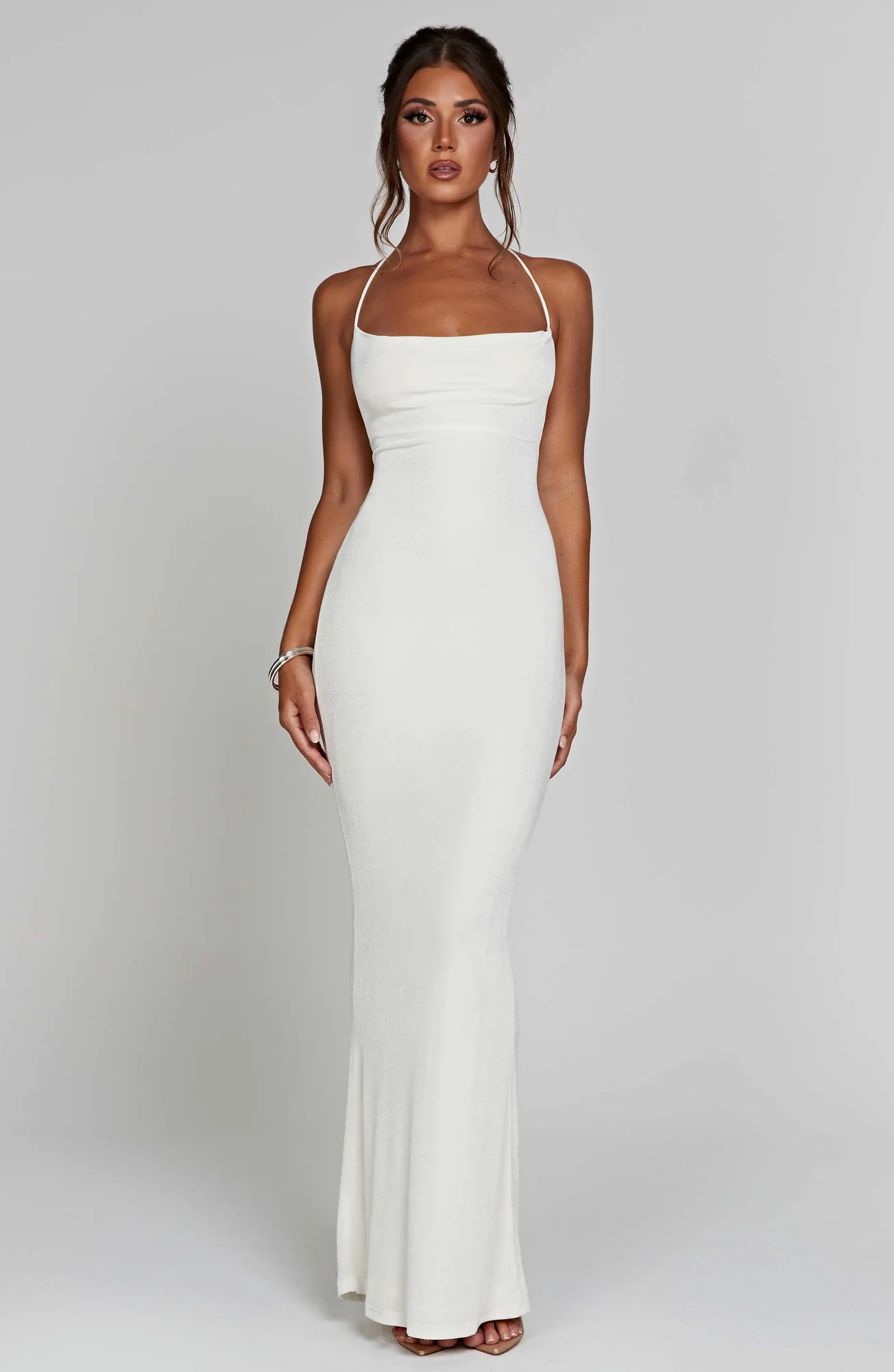 Ivory Textured Jersey Maxi Dress - Elegant Cowl Neck & Low Back