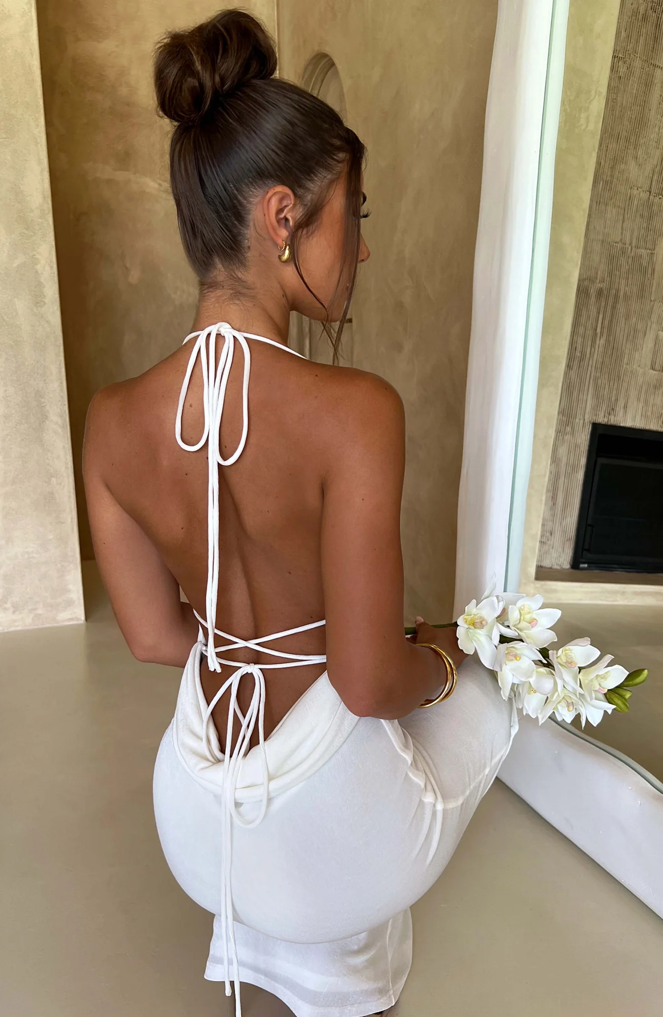 Ivory Textured Jersey Maxi Dress - Elegant Cowl Neck & Low Back