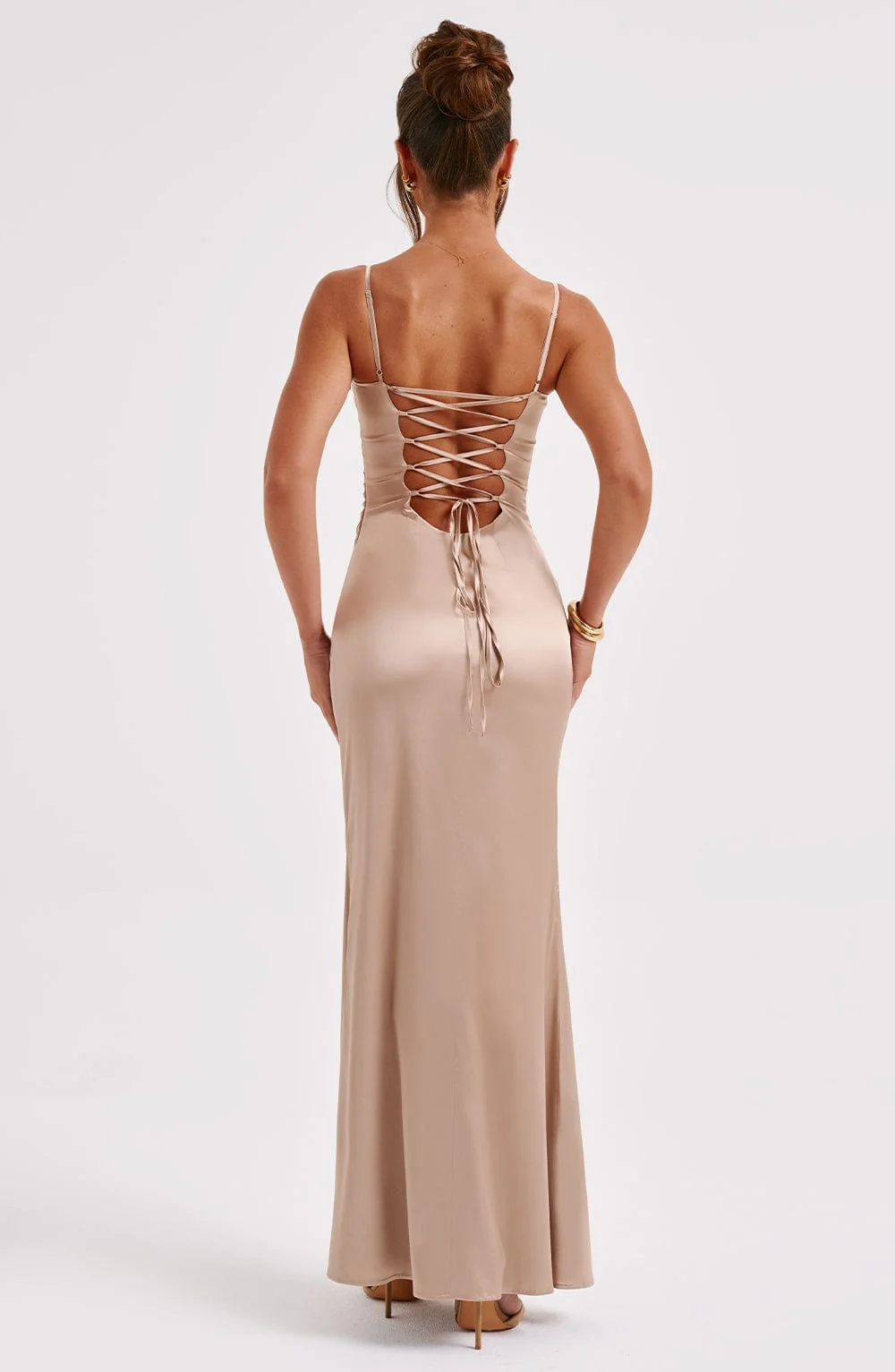 Champagne Satin Corset Maxi Dress - Elegant Evening Gown