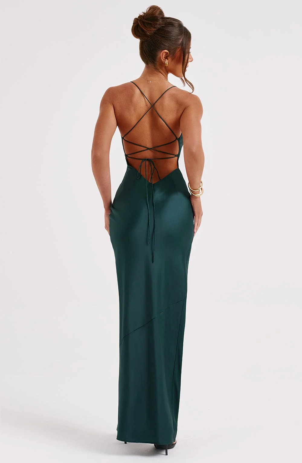 Emerald Satin Maxi Dress with Low Back Detail