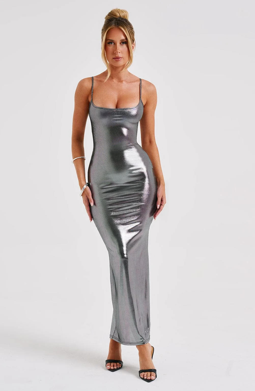 Metallic Jersey Maxi Dress - Elegant Gunmetal Shade