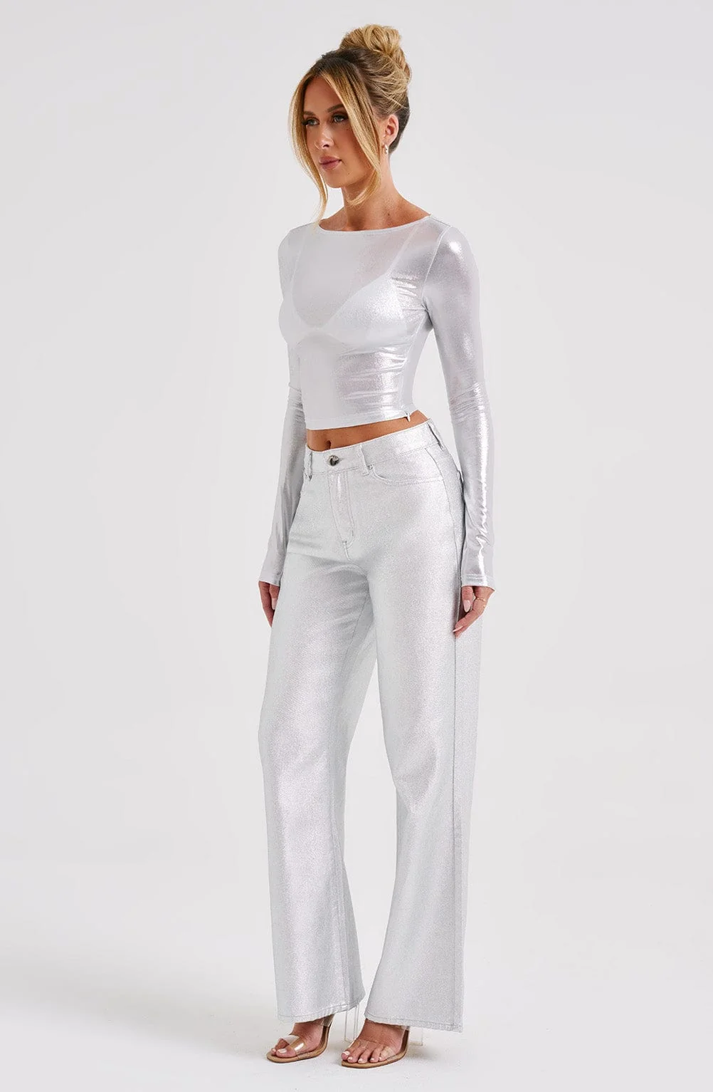Silver Metallic Semi Sheer Jersey Kyranni Cropped Top