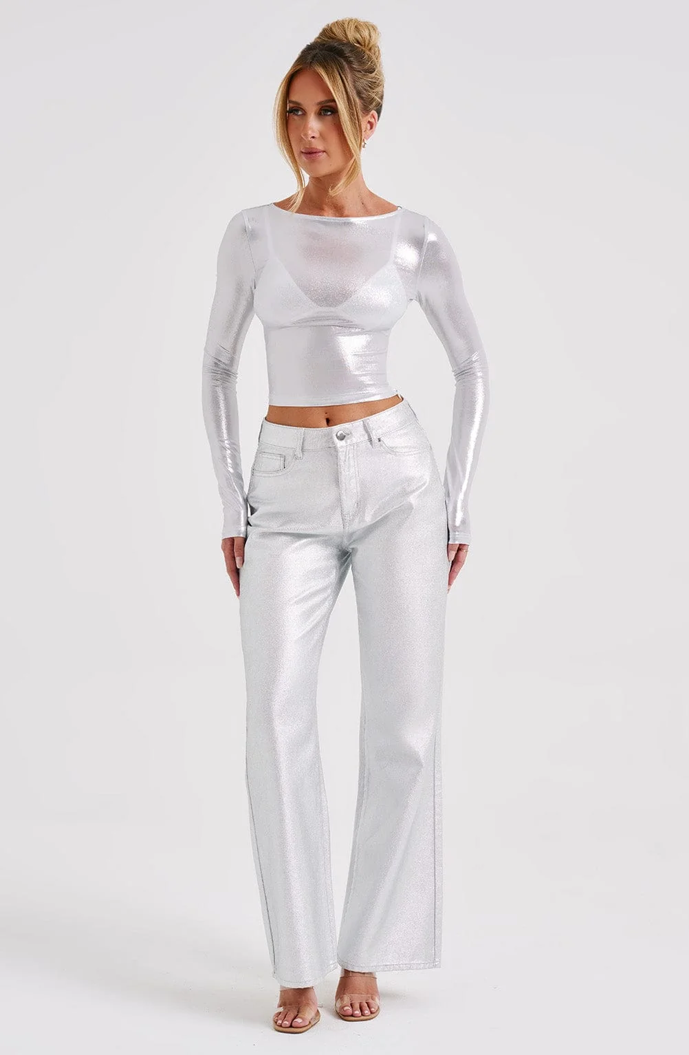 Silver Metallic Semi Sheer Jersey Kyranni Cropped Top