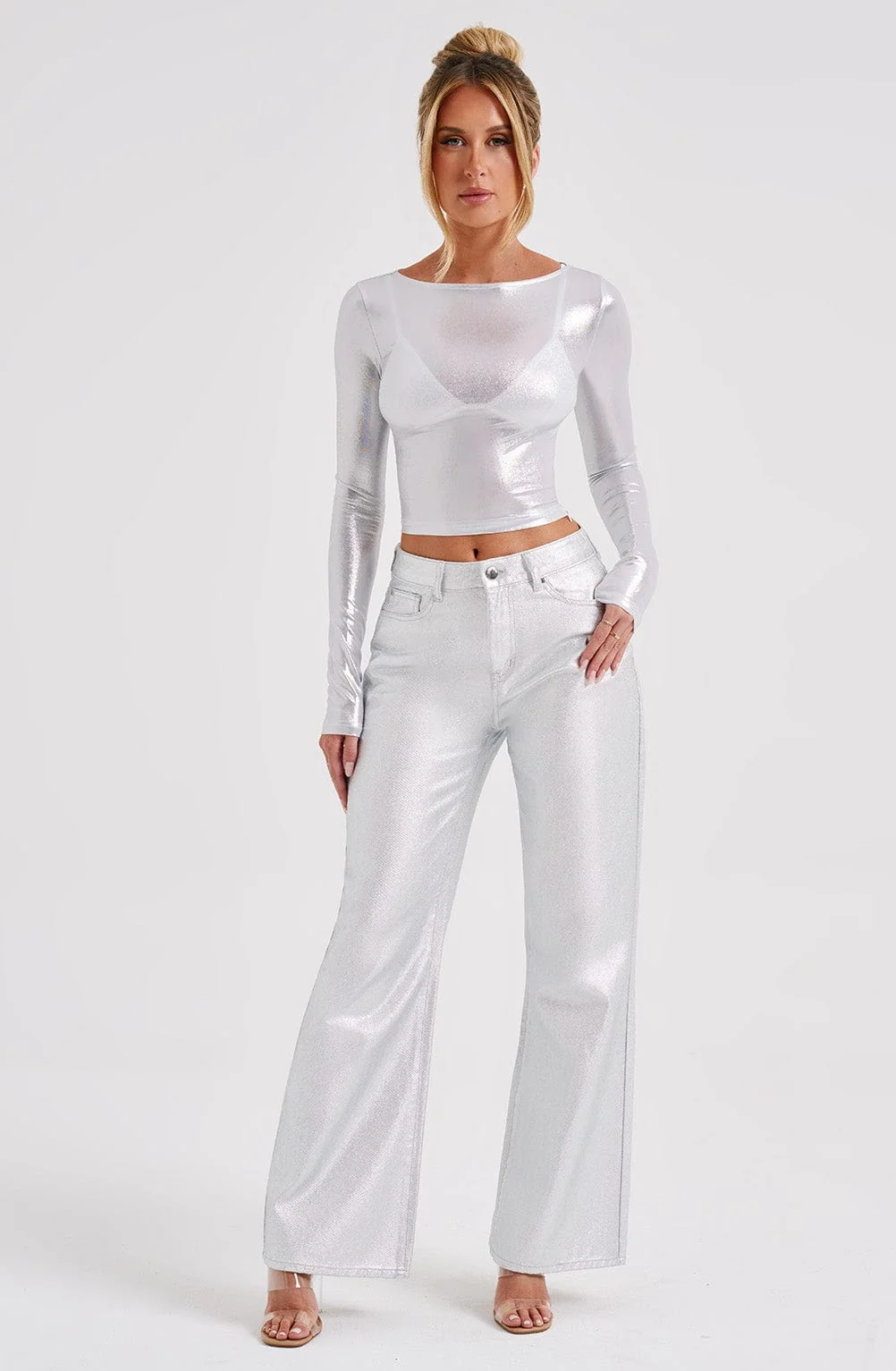 Silver Metallic Semi Sheer Jersey Kyranni Cropped Top