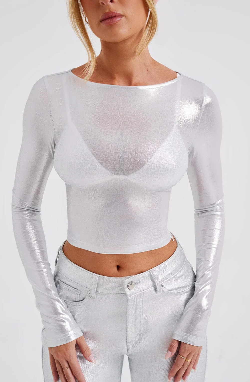 Silver Metallic Semi Sheer Jersey Kyranni Cropped Top